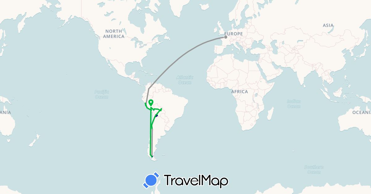 TravelMap itinerary: driving, bus, plane, boat in Bolivia, Chile, Colombia, France, Peru (Europe, South America)